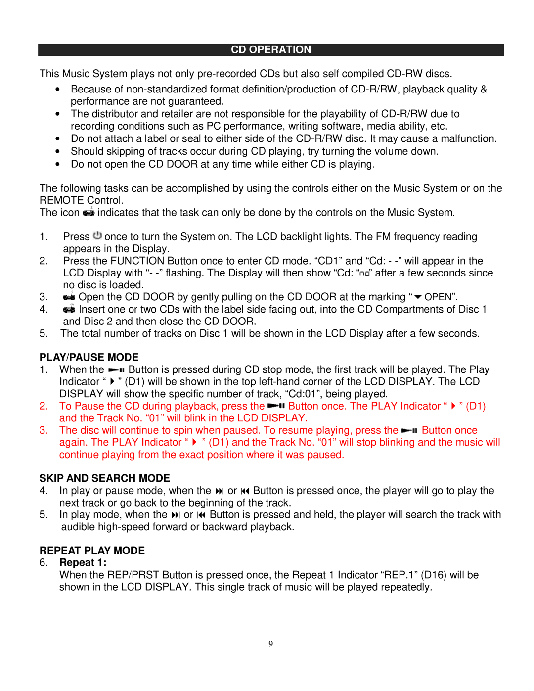 Jensen JMC-326 instruction manual CD Operation, PLAY/PAUSE Mode, Skip and Search Mode, Repeat Play Mode 