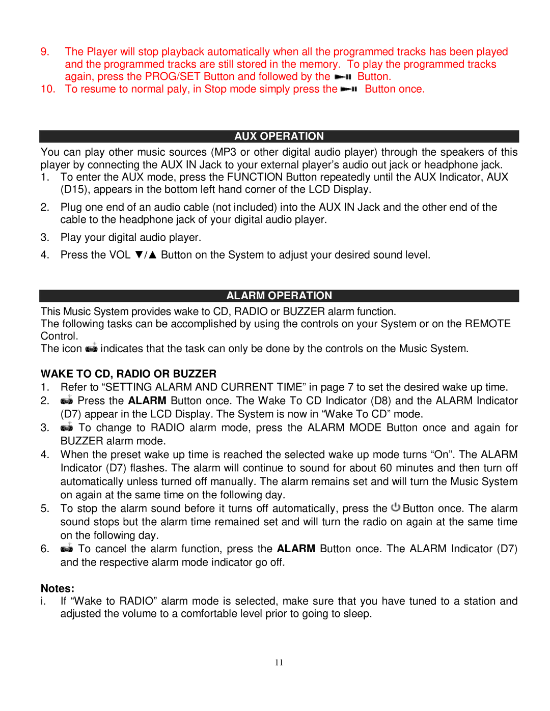 Jensen JMC-326 instruction manual AUX Operation, Alarm Operation, Wake to CD, Radio or Buzzer 