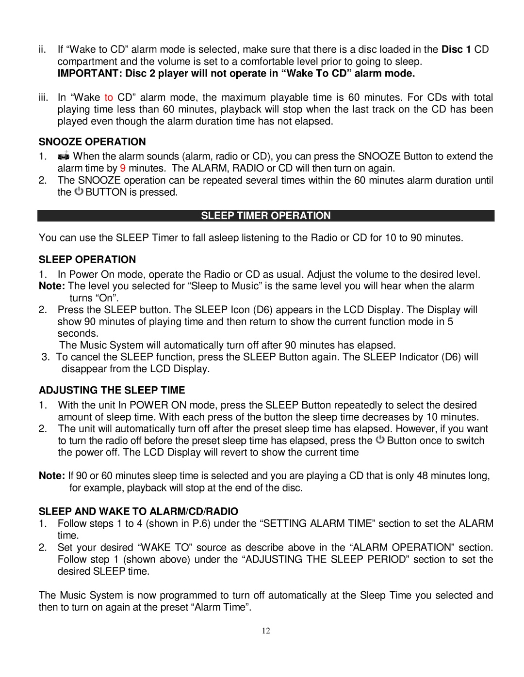 Jensen JMC-326 instruction manual Snooze Operation, Sleep Timer Operation, Sleep Operation, Adjusting the Sleep Time 