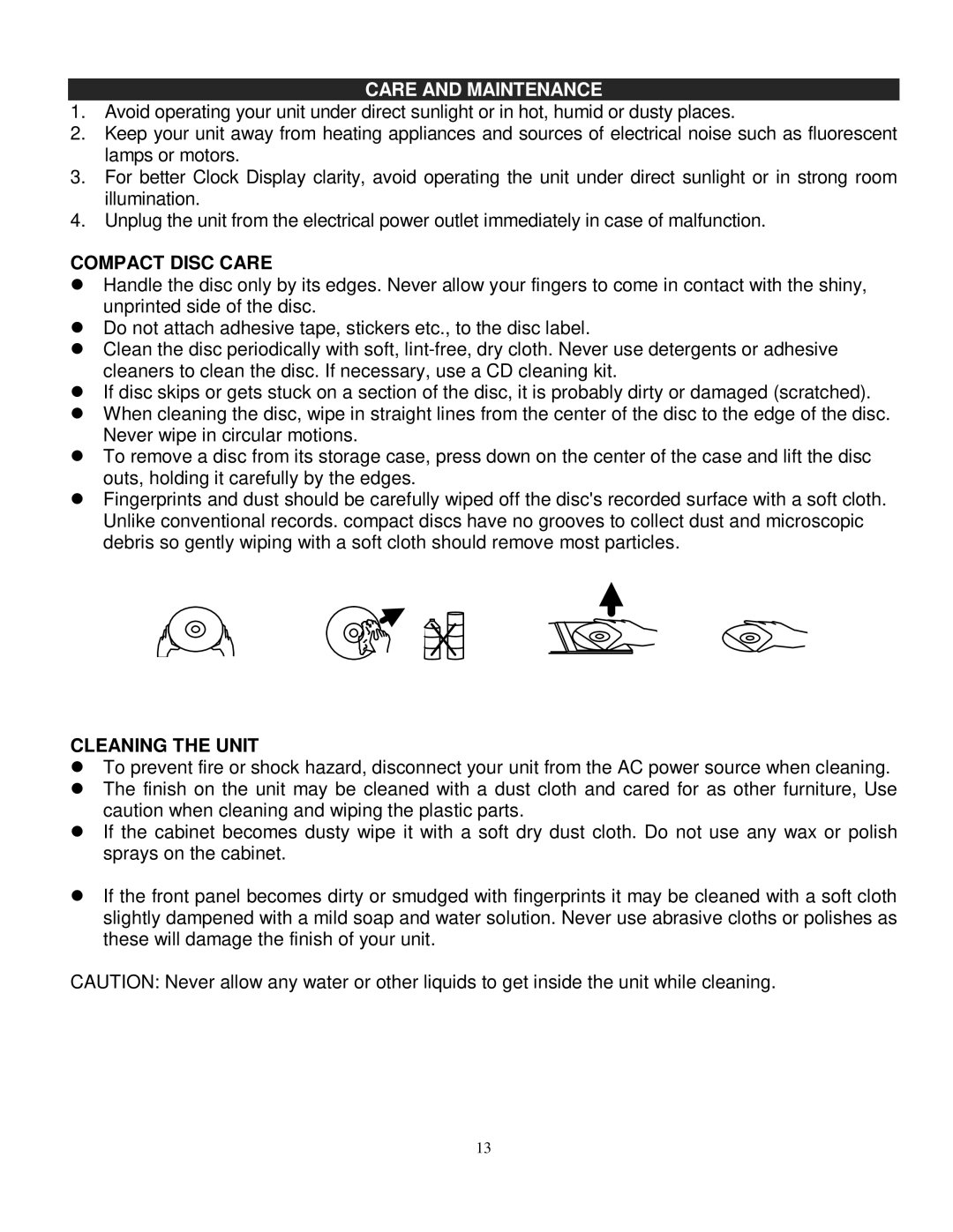 Jensen JMC-326 instruction manual Care and Maintenance, Compact Disc Care, Cleaning the Unit 