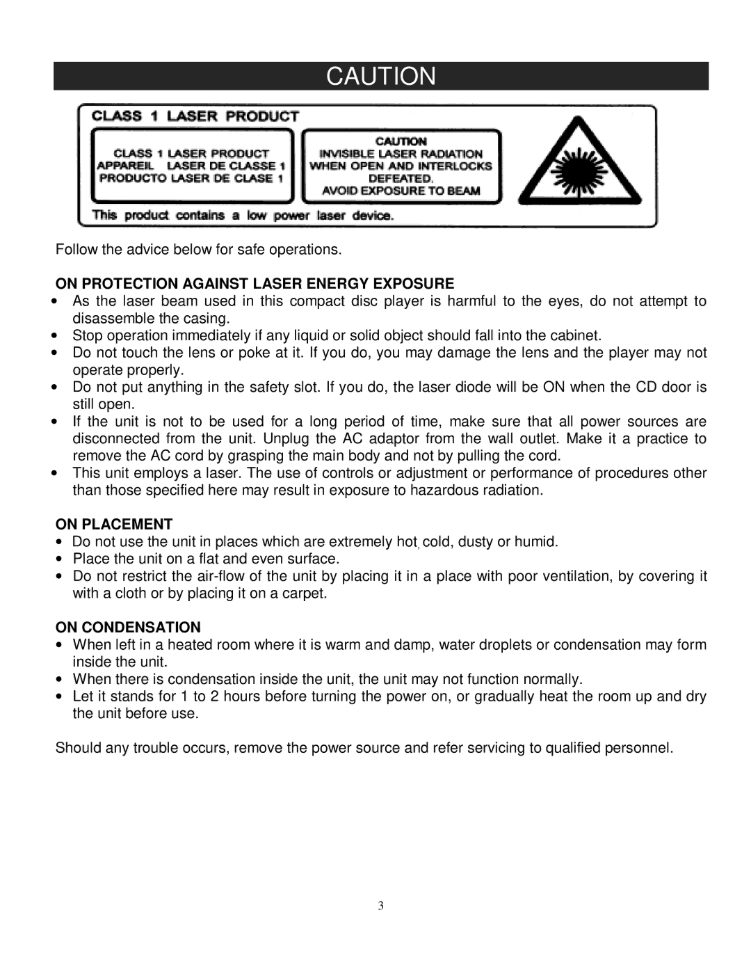 Jensen JMC-326 instruction manual On Protection Against Laser Energy Exposure, On Placement, On Condensation 