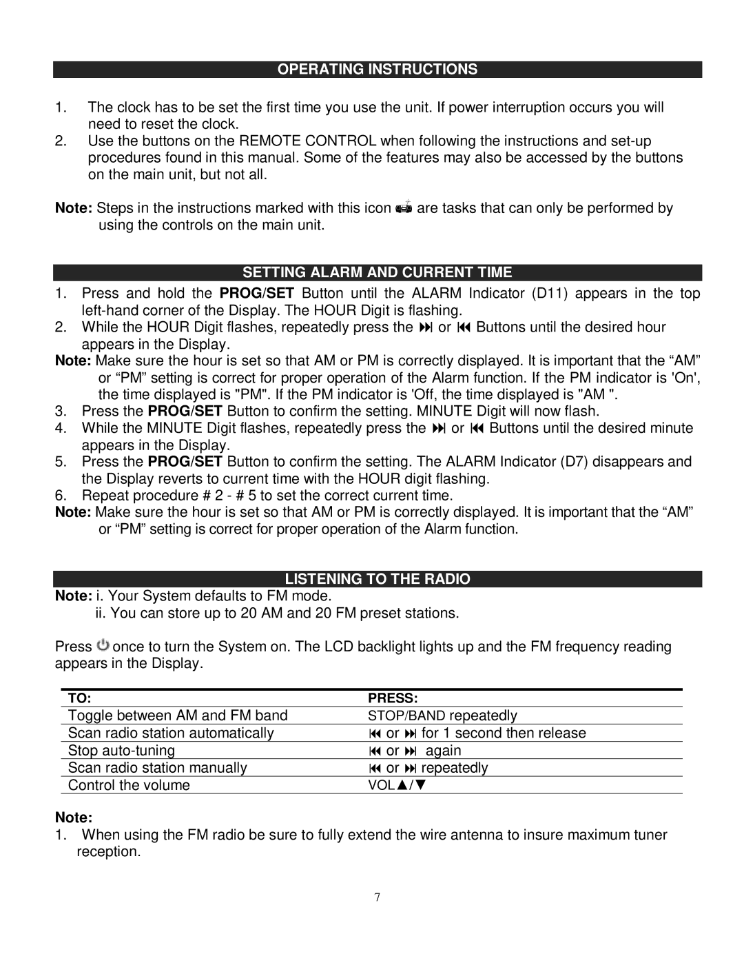 Jensen JMC-326 instruction manual Operating Instructions, Setting Alarm and Current Time, Listening to the Radio 