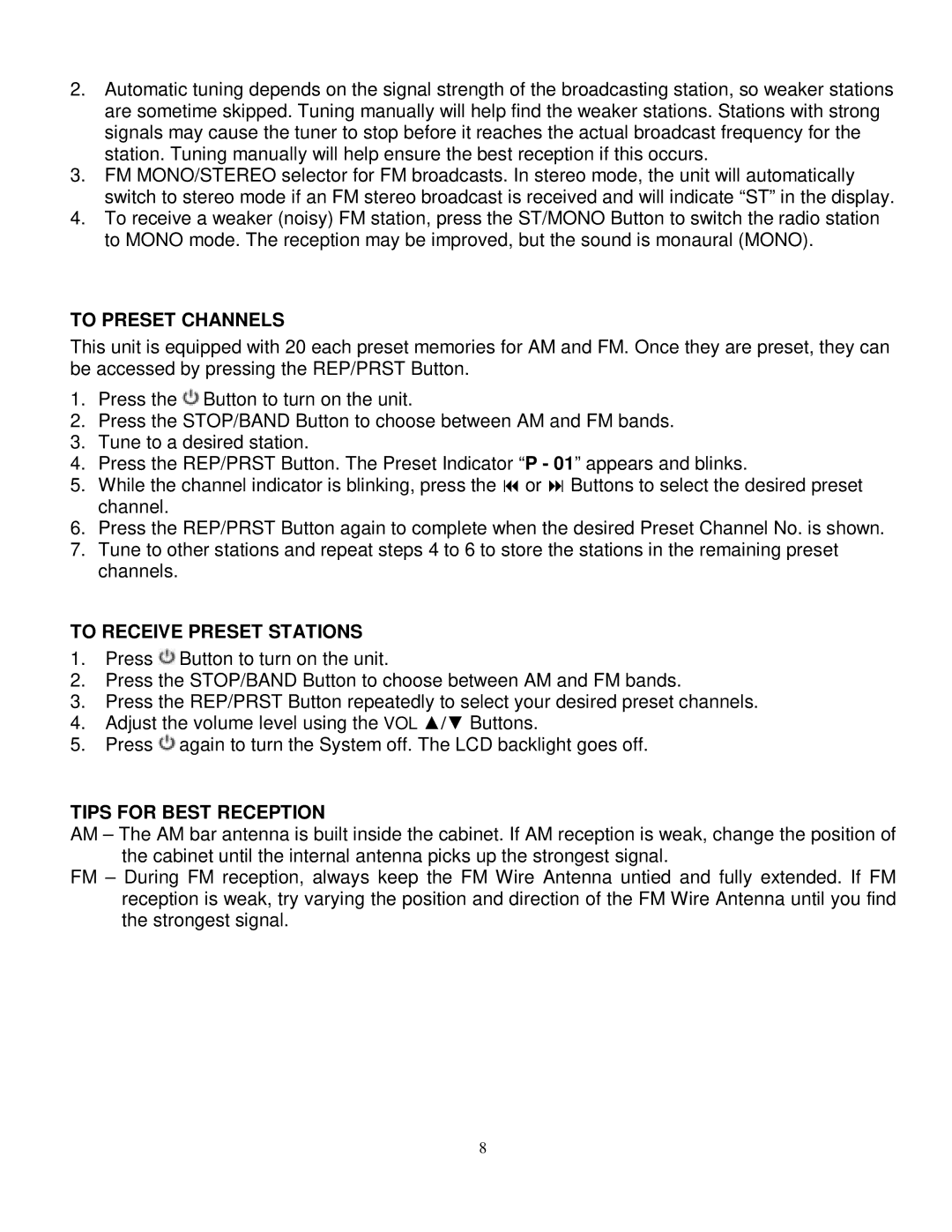 Jensen JMC-326 instruction manual To Preset Channels, To Receive Preset Stations, Tips for Best Reception 