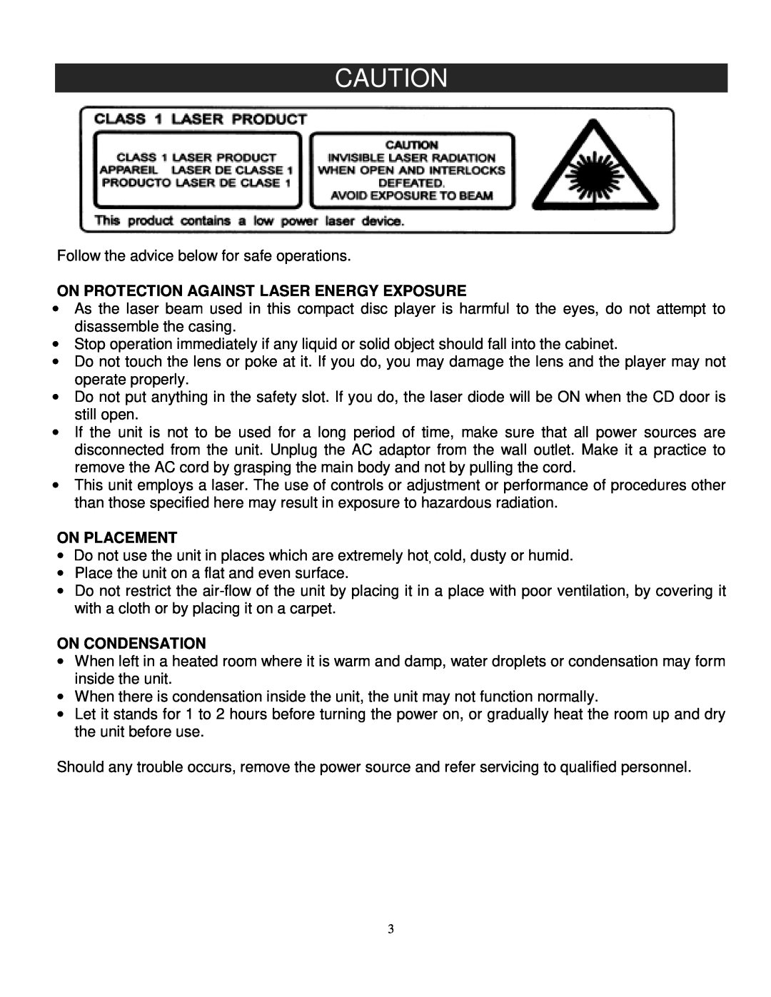 Jensen JMC-326 instruction manual On Protection Against Laser Energy Exposure, On Placement, On Condensation 