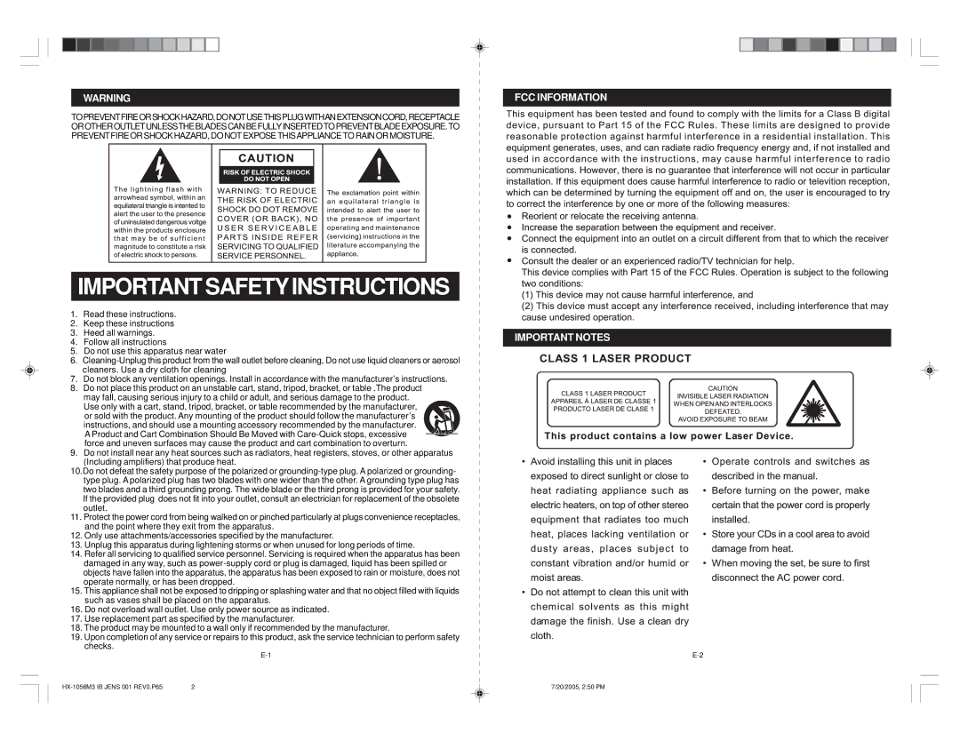 Jensen JMC-670 instruction manual Important Safetyinstructions, FCC Information Important Notes 