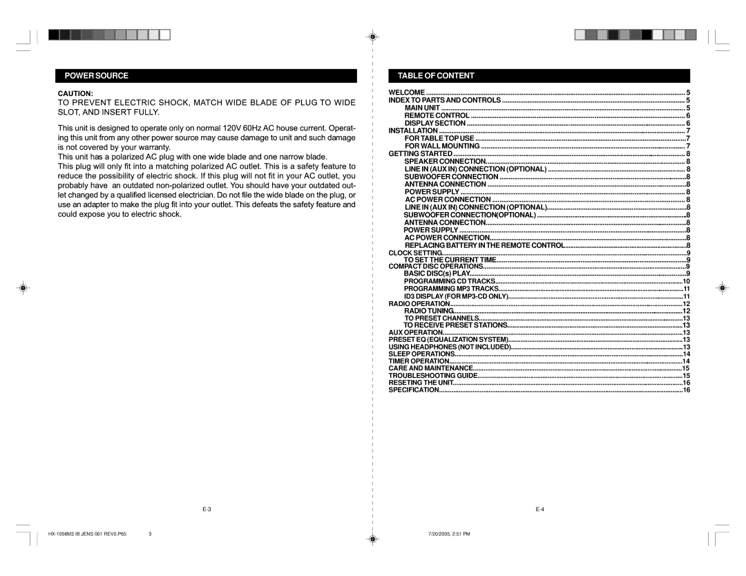 Jensen JMC-670 instruction manual Power Source, Table of Content 