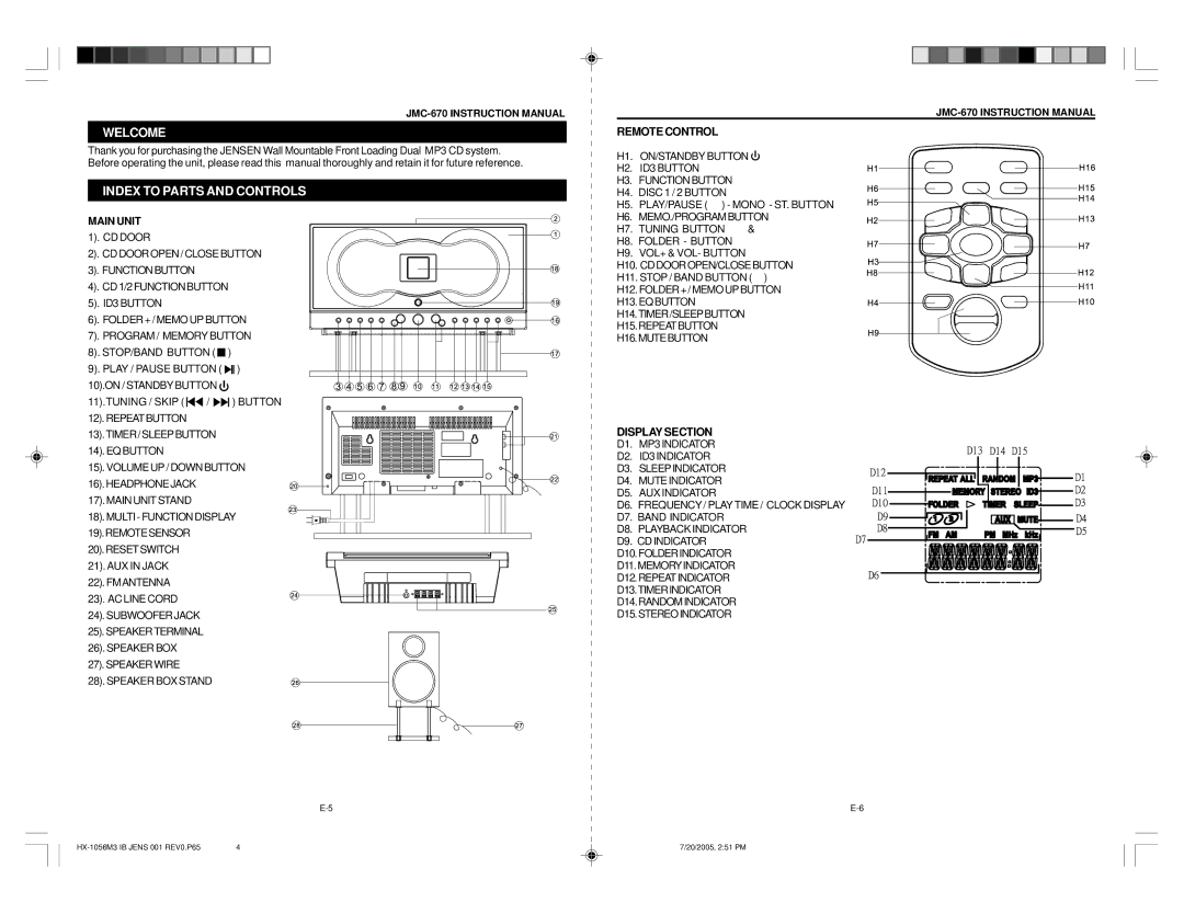 Jensen JMC-670 instruction manual Welcome, Index to Parts and Controls, Main Unit, Remote Control, Display Section 