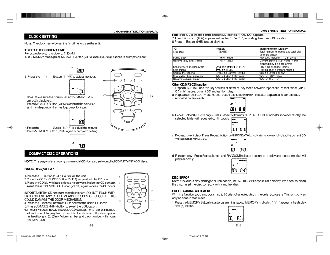 Jensen JMC-670 Clock Setting, Compact Disc Operations, To SET the Current Time, Disc Error Programmingcdtracks 