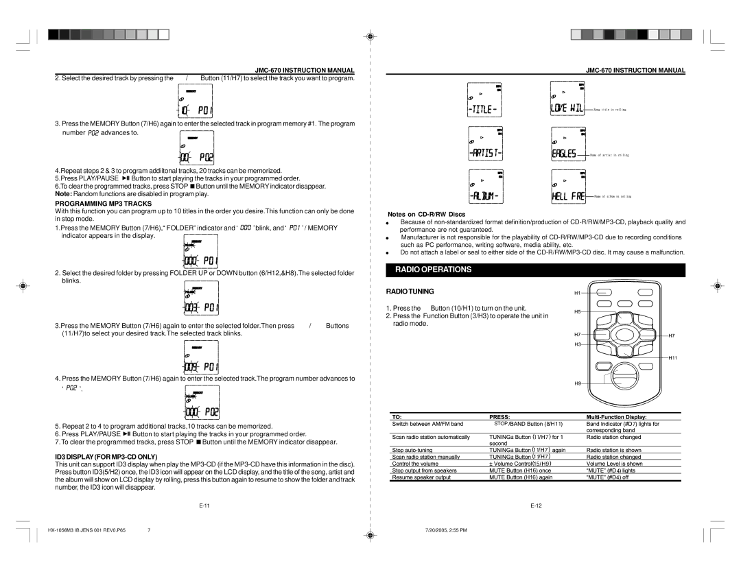 Jensen JMC-670 instruction manual Radio Operations, ID3 Display for MP3-CD only, Radio Tuning 