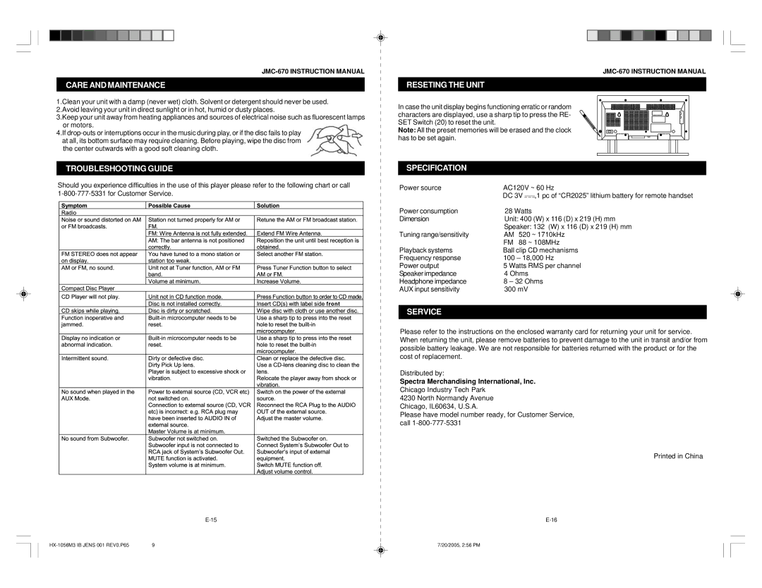 Jensen JMC-670 instruction manual Care and Maintenance, Troubleshooting Guide, Reseting the Unit, Specification, Service 