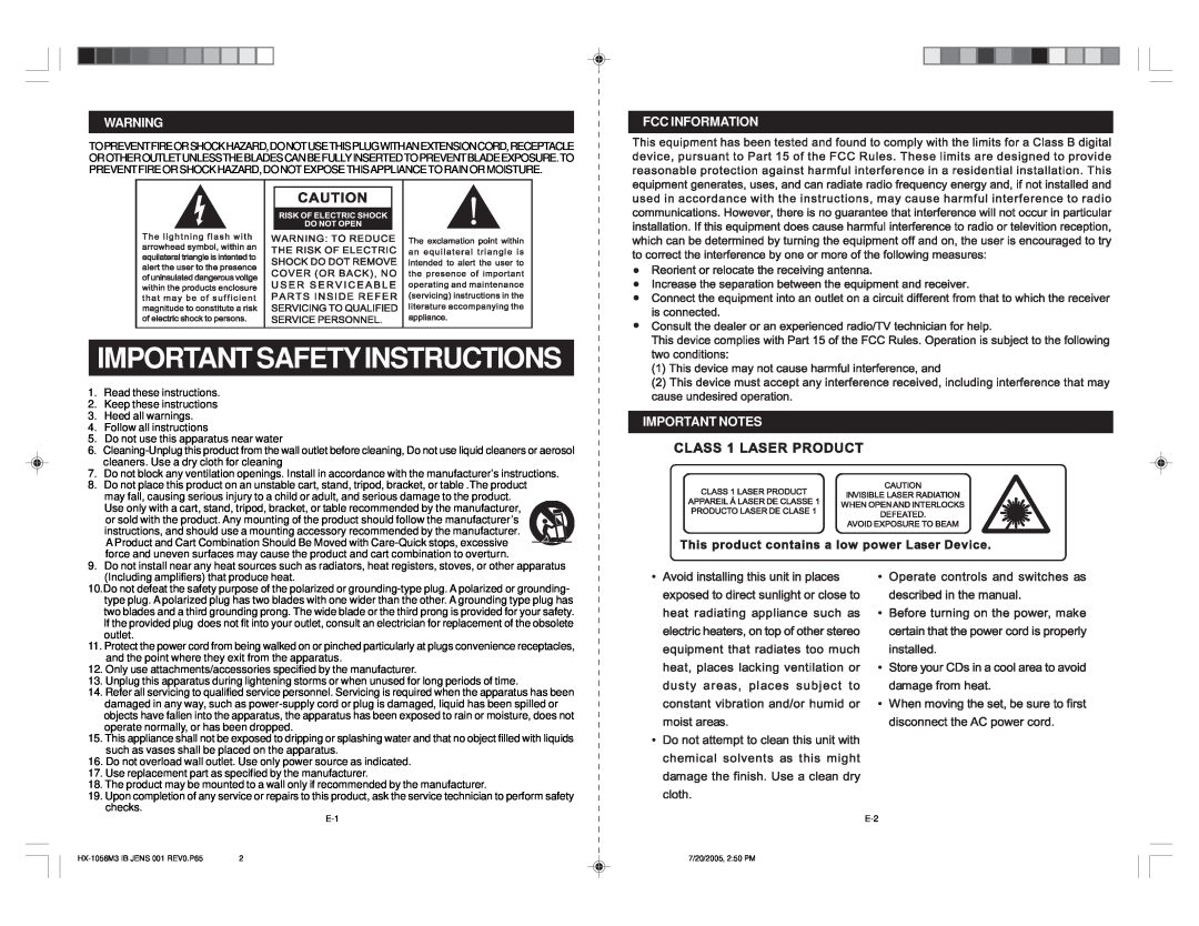 Jensen JMC-670 instruction manual Fcc Information Important Notes, Important Safetyinstructions 