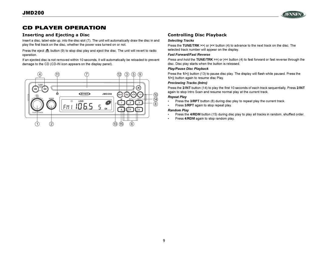 Jensen JMD200 operation manual CD Player Operation, Inserting and Ejecting a Disc, Controlling Disc Playback 