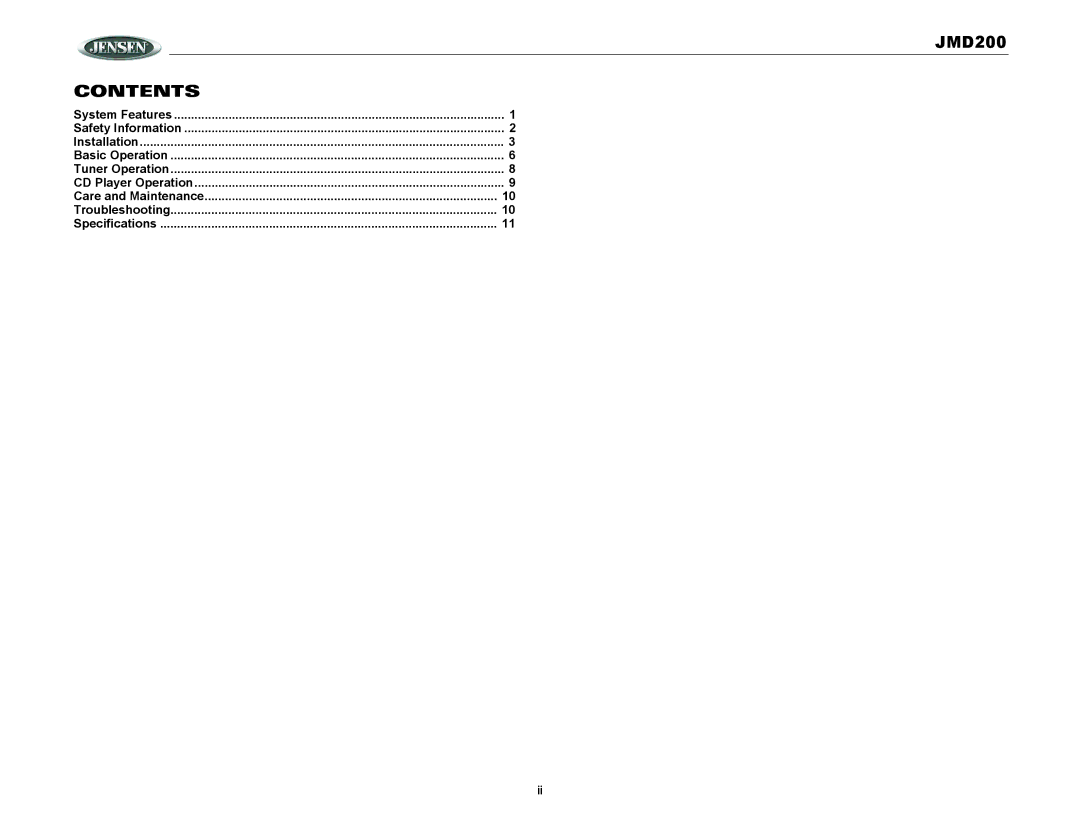 Jensen JMD200 operation manual Contents 