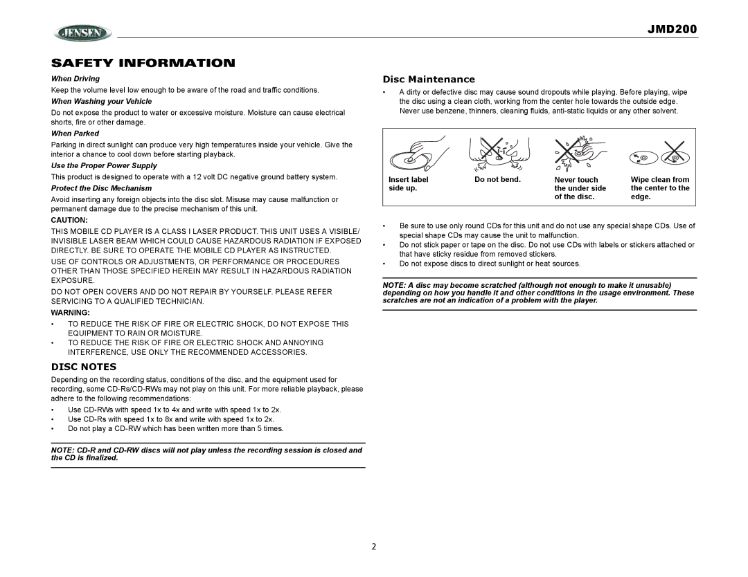 Jensen JMD200 operation manual Safety Information, Disc Maintenance 