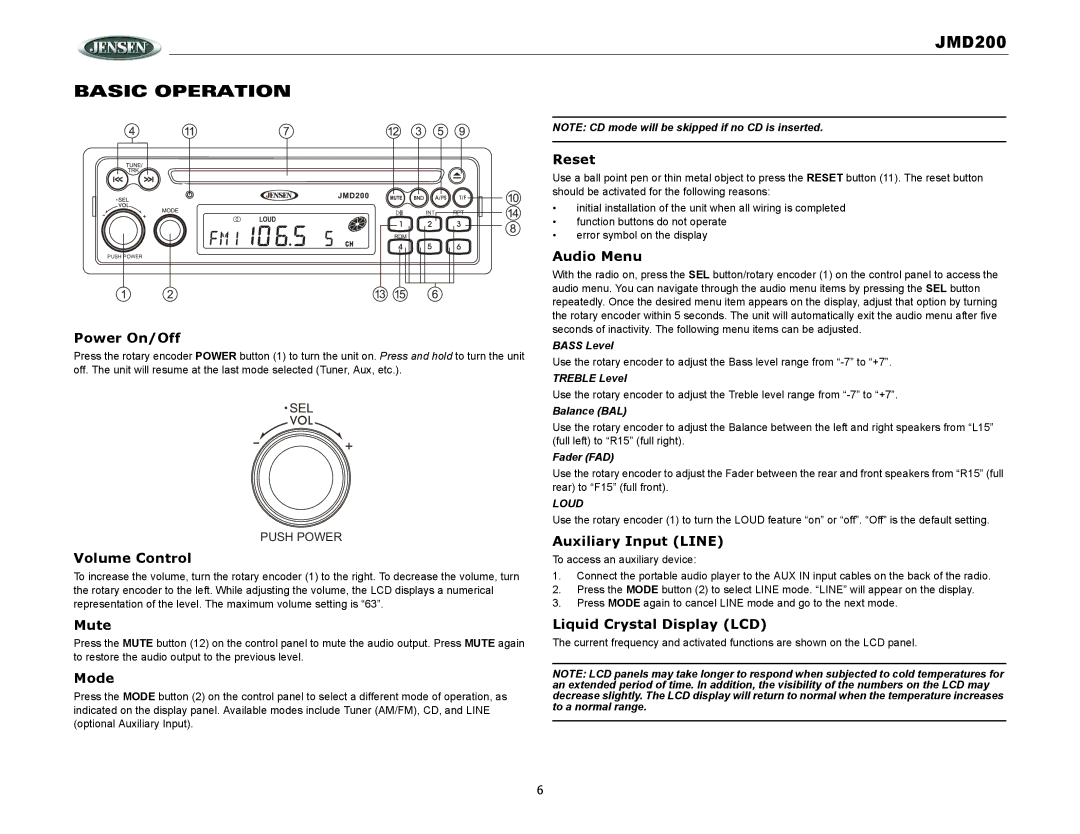 Jensen JMD200 operation manual Basic Operation 