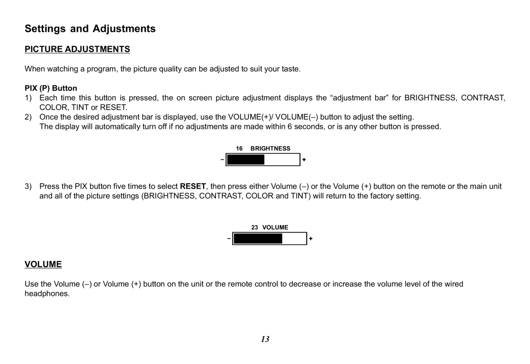 Jensen JMV12 operation manual Picture Adjustments, Volume, PIX P Button 