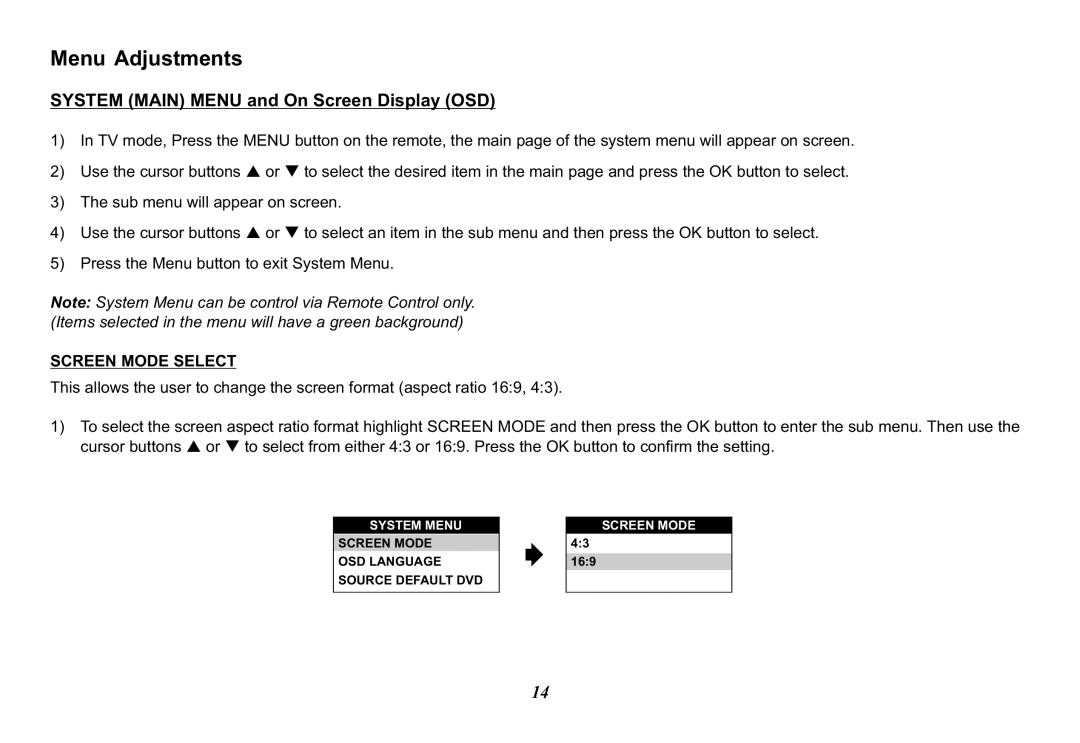 Jensen JMV12 operation manual Menu Adjustments, System Main Menu and On Screen Display OSD 