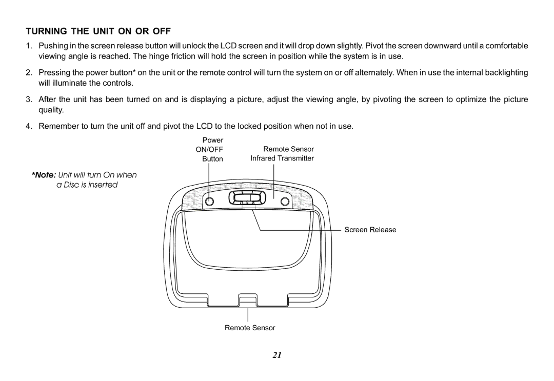 Jensen JMV12 operation manual Turning the Unit on or OFF 