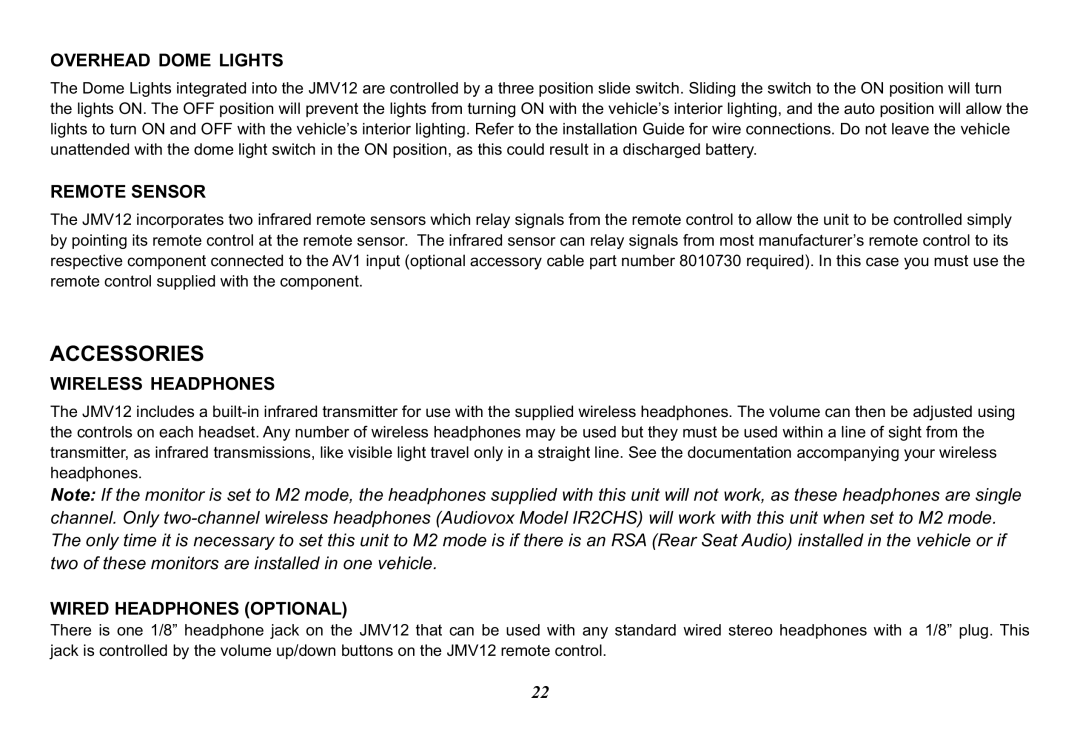 Jensen JMV12 Accessories, Overhead Dome Lights, Remote Sensor, Wireless Headphones, Wired Headphones Optional 