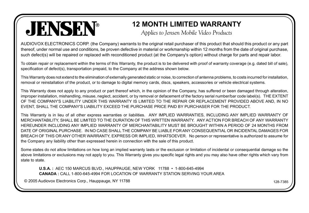 Jensen JMV12 operation manual Month Limited Warranty 