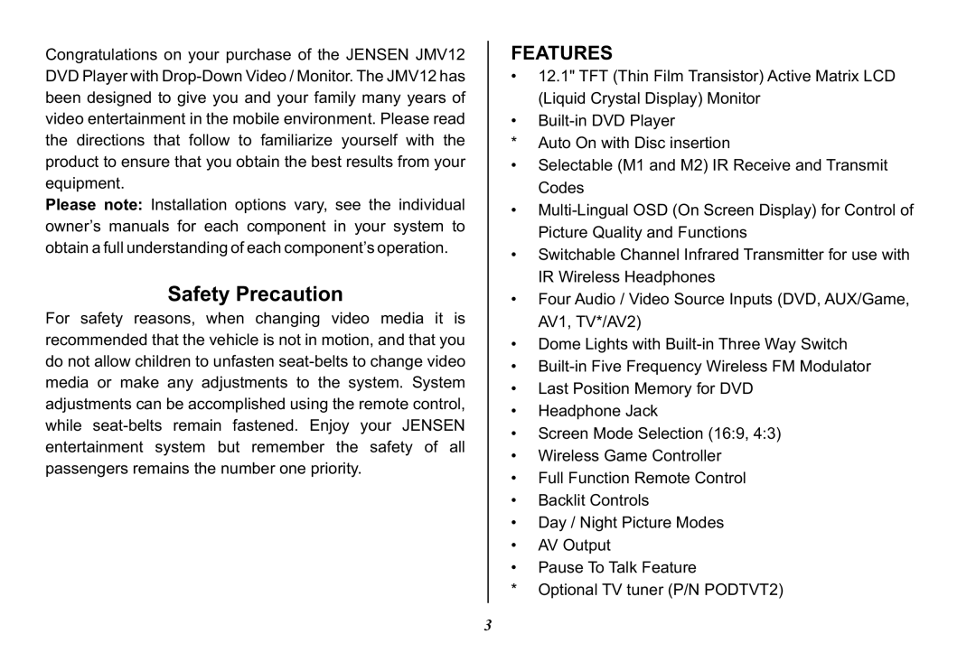 Jensen JMV12 operation manual Safety Precaution, Features 