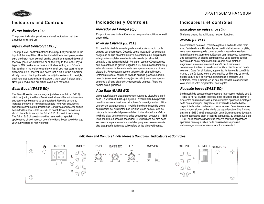 Jensen operation manual Indicators and Controls, Indicadores y Controles, JPA1150M/JPA1300M Indicateurs et contrôles 