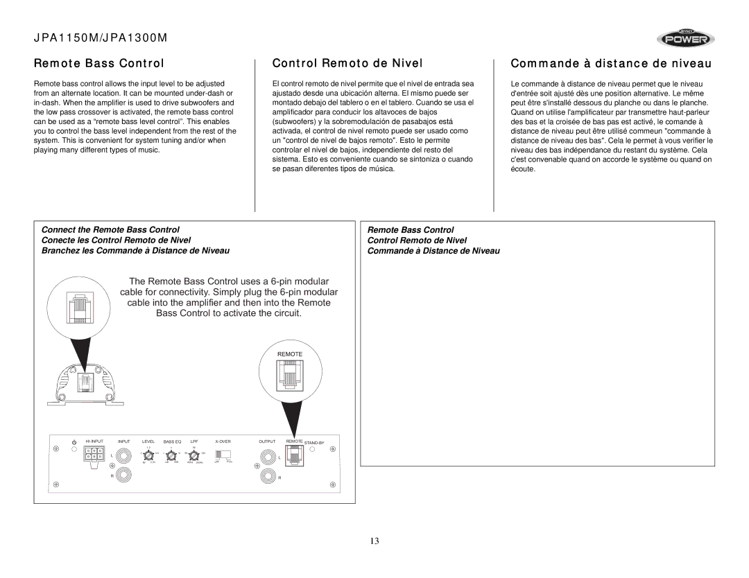 Jensen operation manual JPA1150M/JPA1300M Remote Bass Control, Control Remoto de Nivel, Commande à distance de niveau 