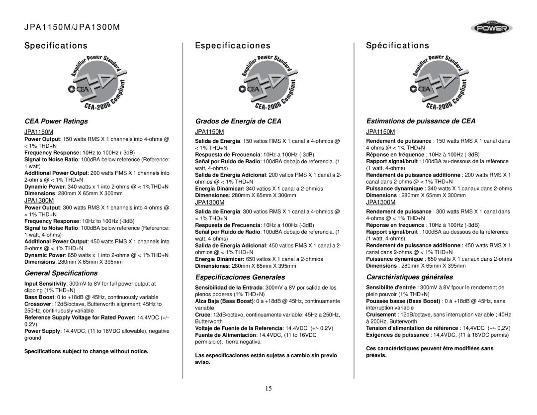 Jensen operation manual JPA1150M/JPA1300M Specifications, Especificaciones, Spécifications 