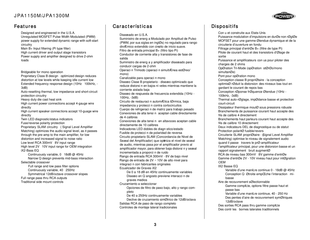 Jensen operation manual JPA1150M/JPA1300M Features, Características, Dispositifs 