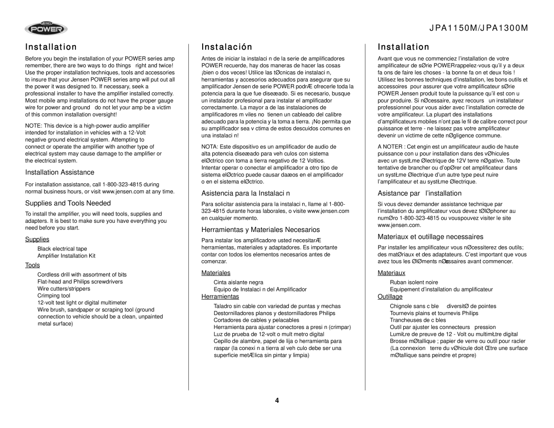 Jensen Instalación, JPA1150M/JPA1300M Installation, Installation Assistance Supplies and Tools Needed 