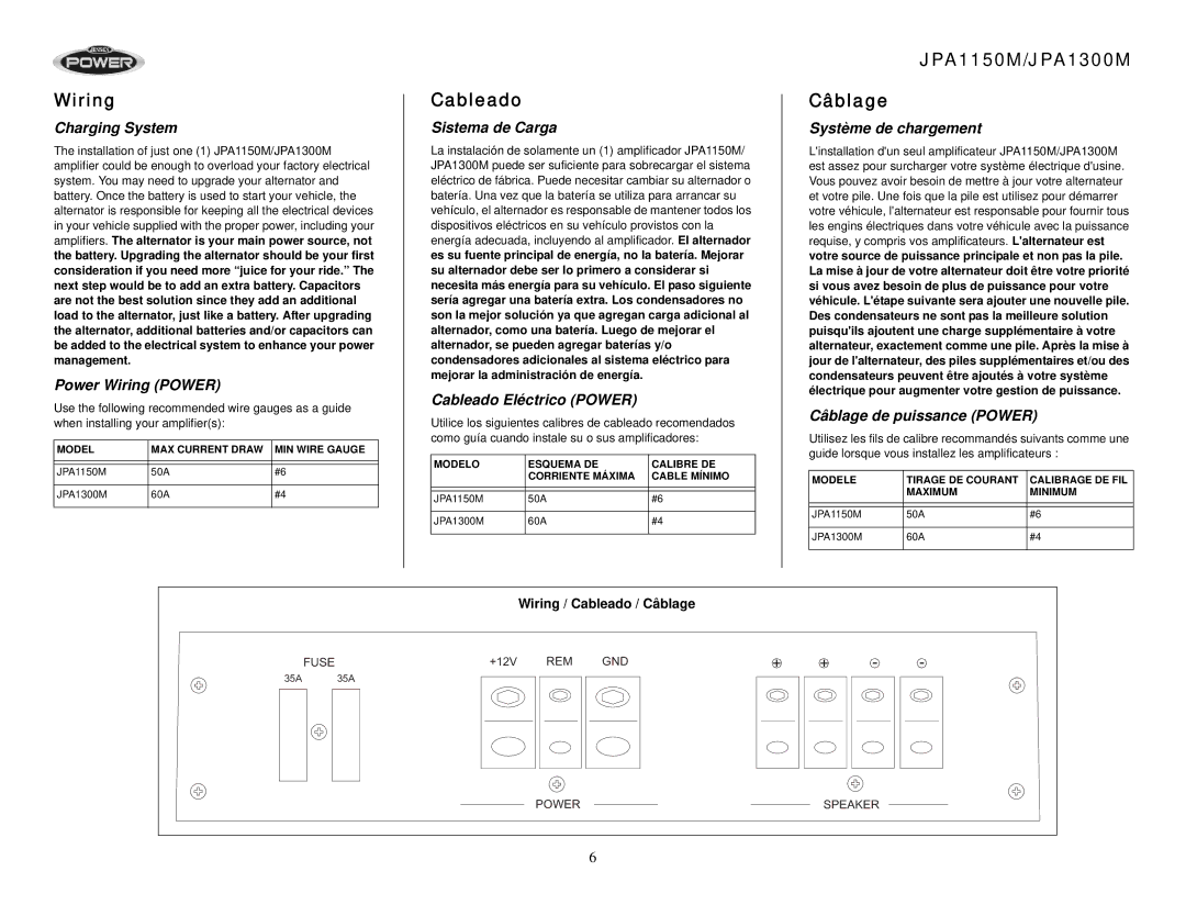 Jensen JPA1150M, JPA1300M operation manual Cableado, Wiring Câblage 