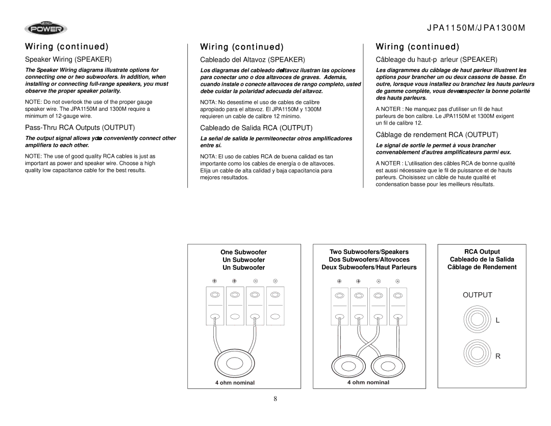 Jensen operation manual JPA1150M/JPA1300M Wiring 