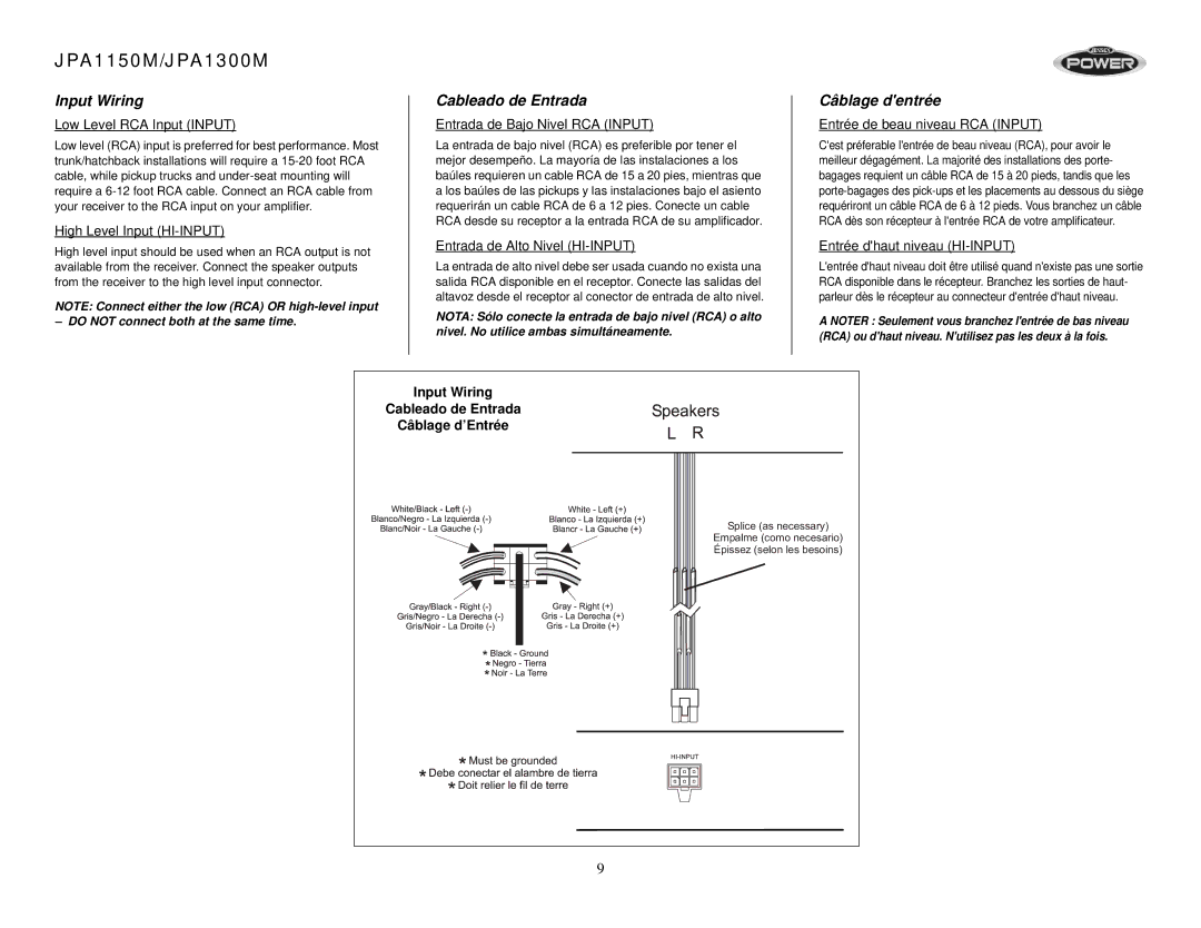 Jensen JPA1300M, JPA1150M operation manual Input Wiring, Cableado de Entrada, Câblage dentrée 