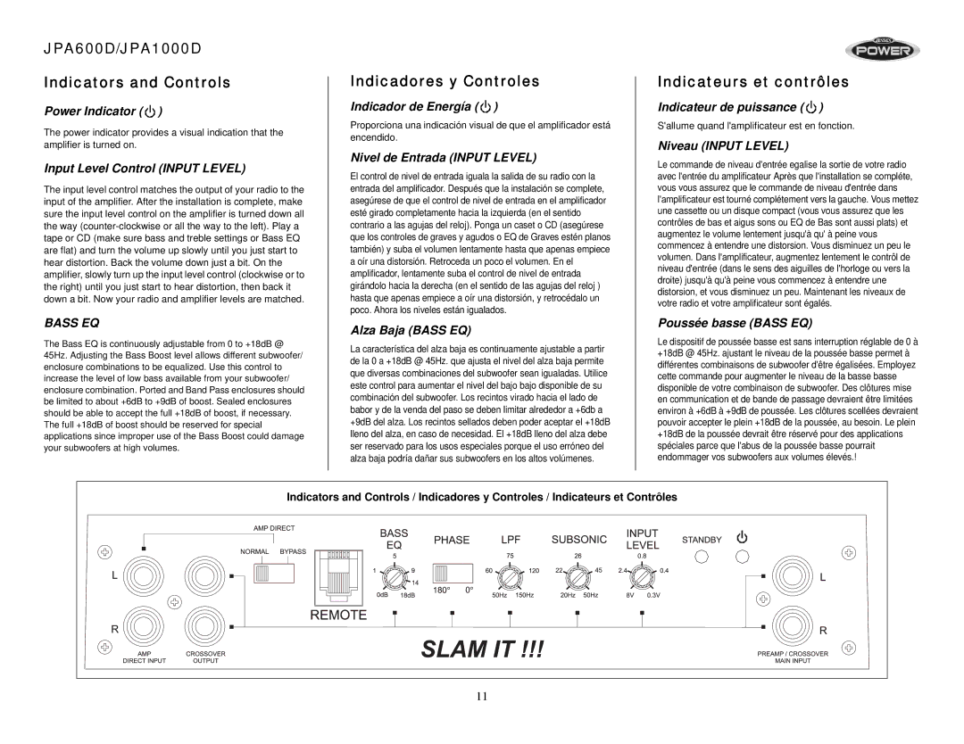 Jensen operation manual JPA600D/JPA1000D Indicators and Controls, Indicadores y Controles, Indicateurs et contrôles 