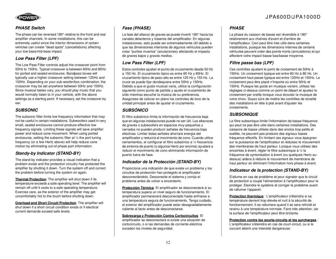 Jensen JPA600D, JPA1000D Phase Switch, Low Pass Filter LPF, Standy-by Indicator STAND-BY, Fase Phase, Filtre passe bas LPF 