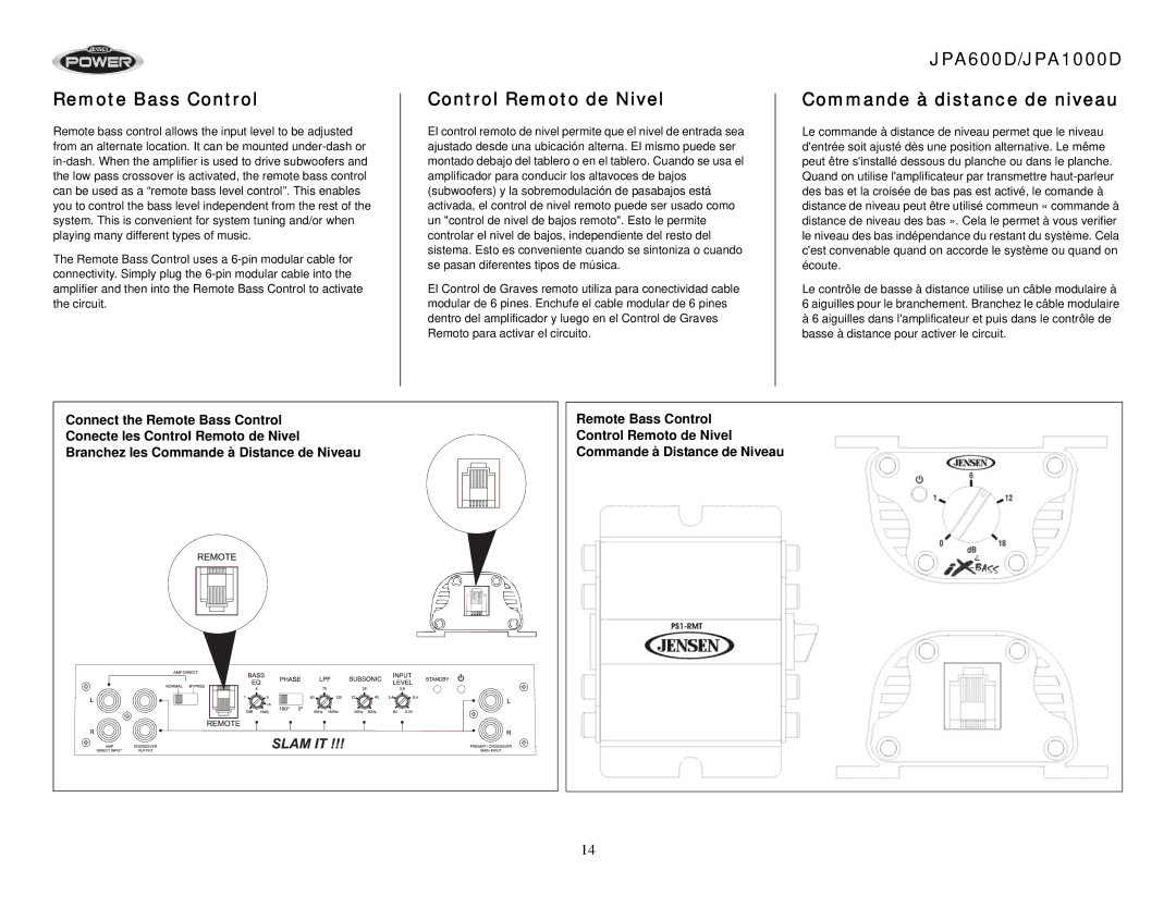 Jensen operation manual Remote Bass Control, Control Remoto de Nivel, JPA600D/JPA1000D Commande à distance de niveau 