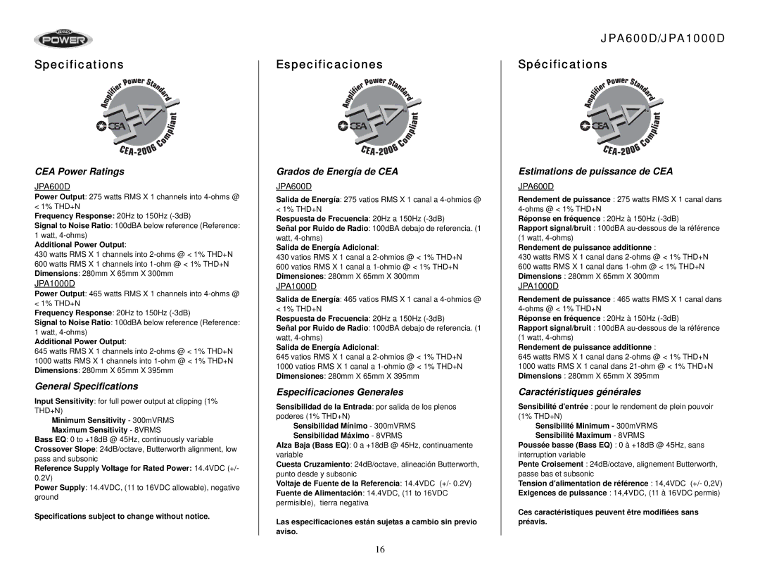 Jensen operation manual Specifications, Especificaciones, JPA600D/JPA1000D Spécifications 