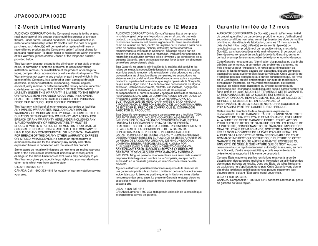 Jensen JPA600D/JPA1000D Month Limited Warranty, Garantia Limitade de 12 Meses, Garantie limitée de 12 mois 