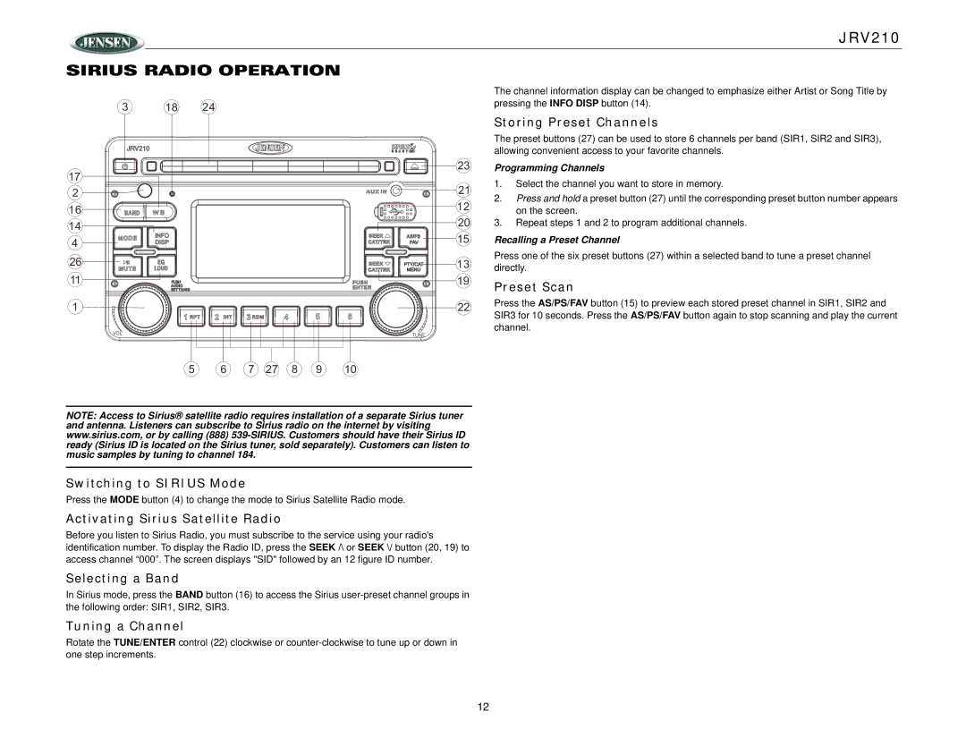 Jensen JRV210 operation manual Sirius Radio Operation 