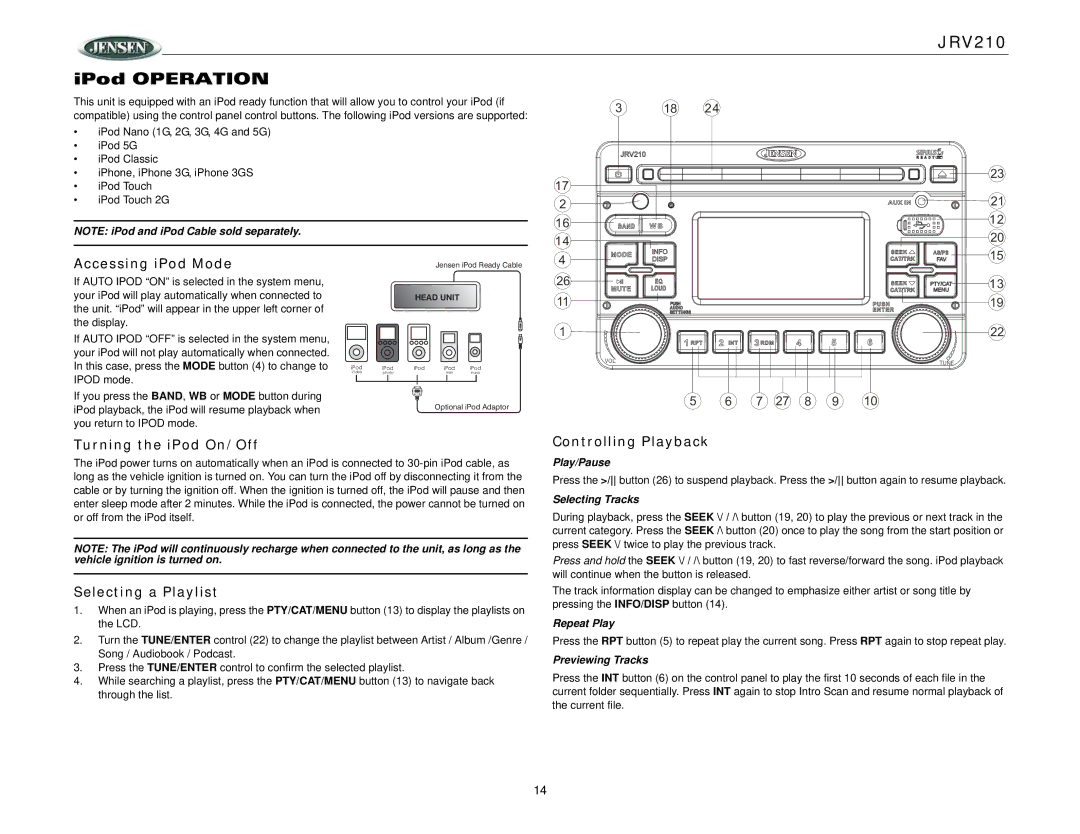 Jensen JRV210 Accessing iPod Mode, Turning the iPod On/Off, Selecting a Playlist, Controlling Playback, Play/Pause 