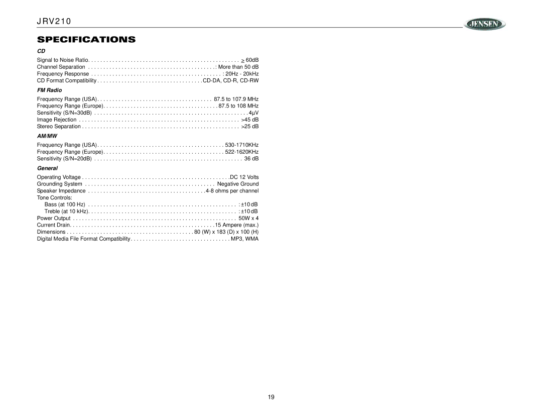 Jensen JRV210 operation manual Specifications, FM Radio, General 