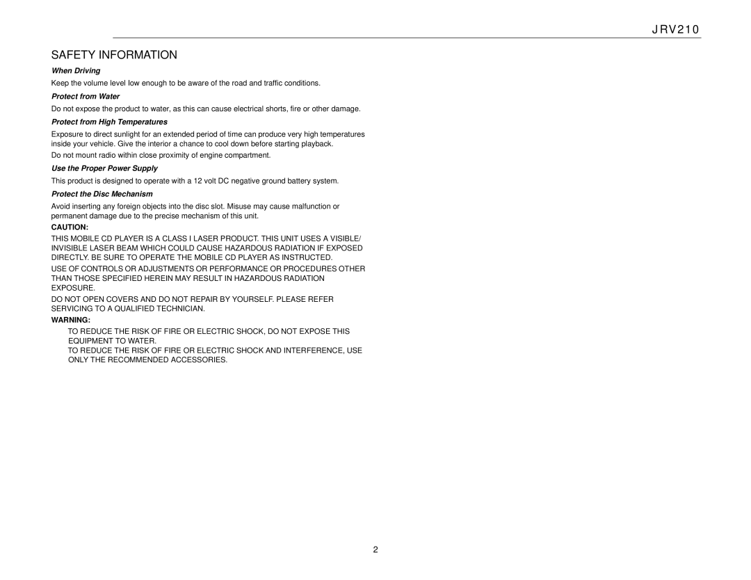 Jensen JRV210 operation manual Safety Information 