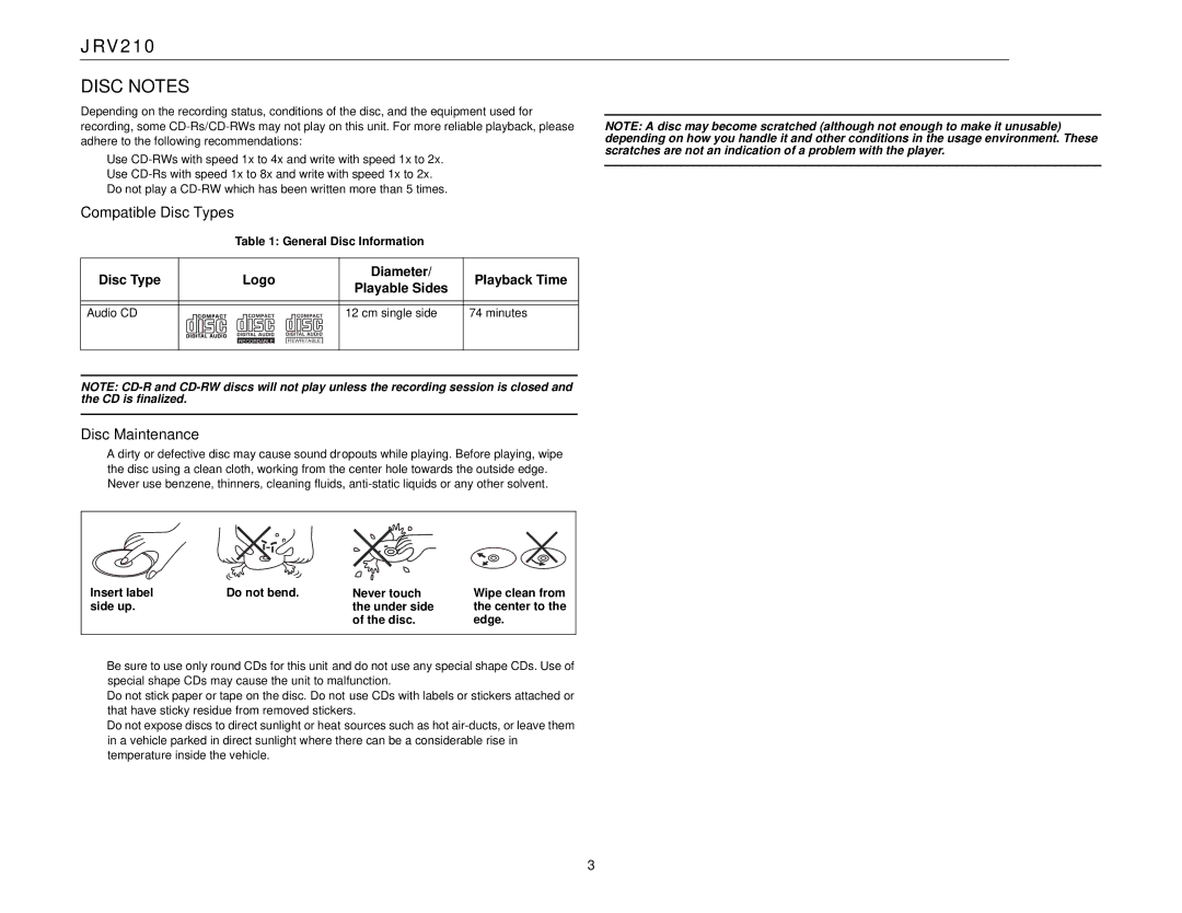 Jensen JRV210 operation manual Disc Notes, Compatible Disc Types, Disc Maintenance 