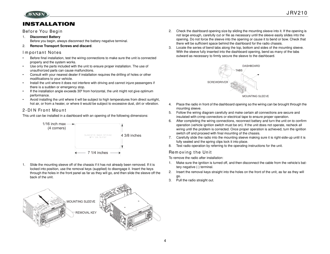 Jensen JRV210 operation manual Installation, Before You Begin, Important Notes, DIN Front Mount, Removing the Unit 