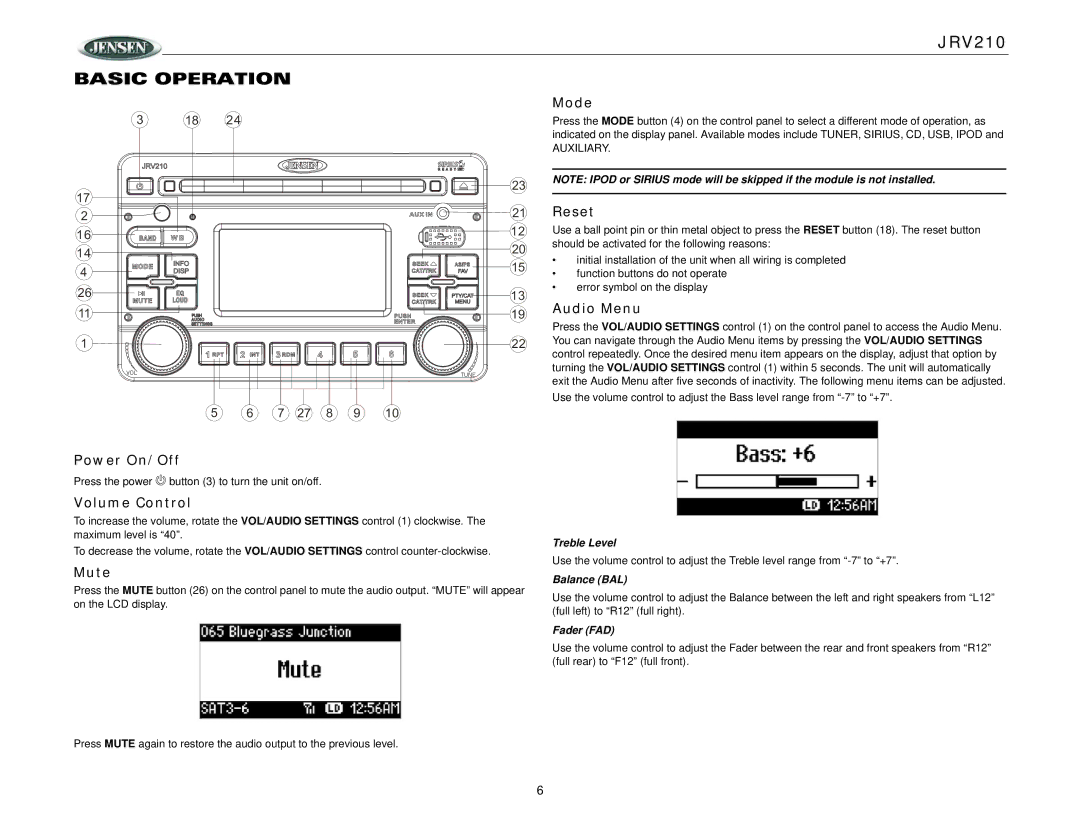 Jensen JRV210 operation manual Basic Operation 