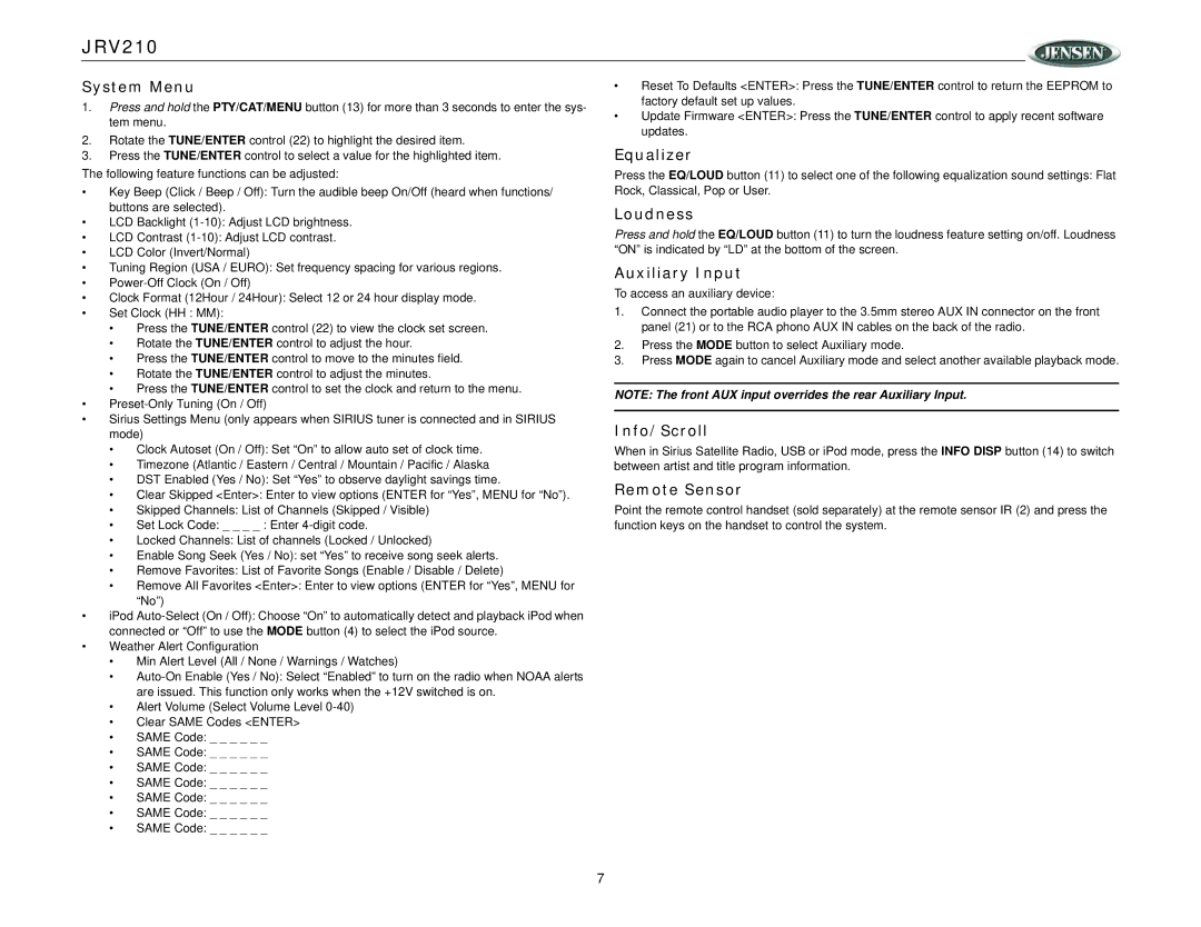 Jensen JRV210 operation manual System Menu, Equalizer, Loudness, Auxiliary Input, Info/Scroll, Remote Sensor 