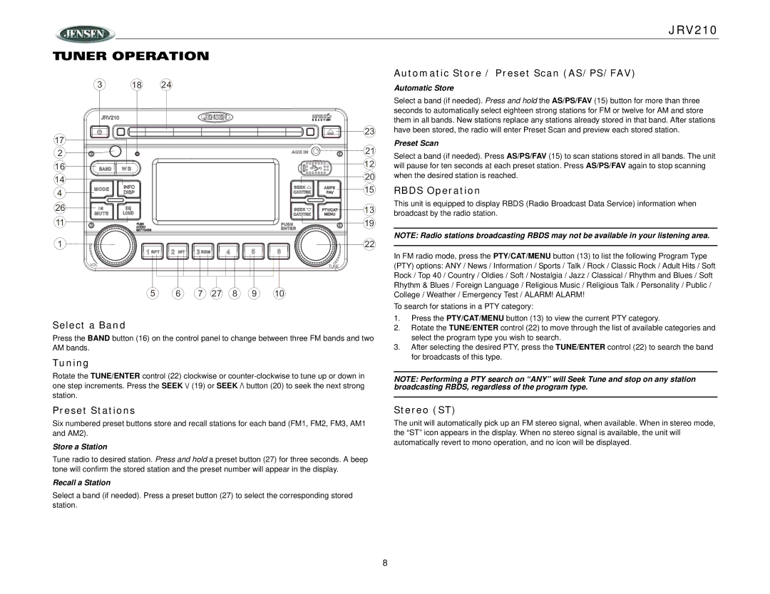 Jensen JRV210 operation manual Tuner Operation 