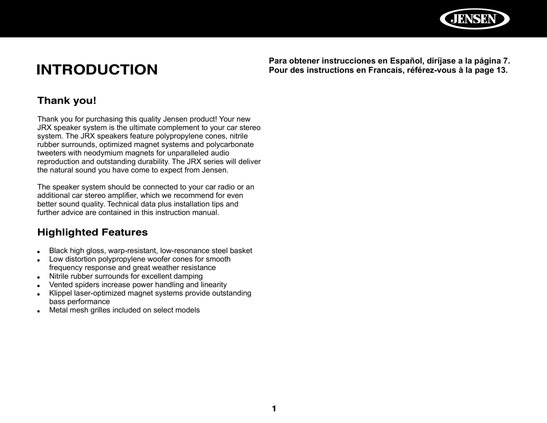 Jensen JRX365, JRX650, JRX252, JRX357, JRX369, JRX240, JRX235, JRX246 Introduction, Thank you, Highlighted Features 