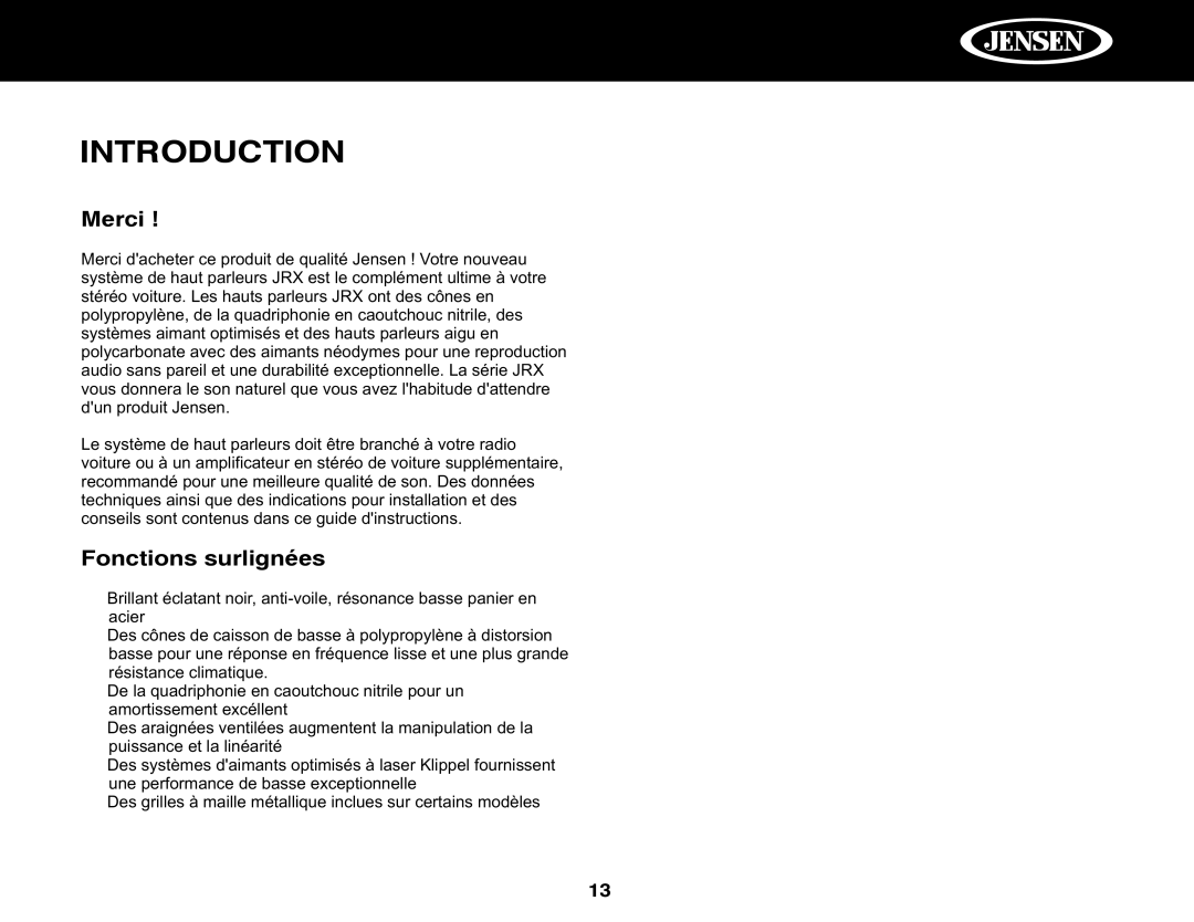 Jensen JRX246, JRX650, JRX252, JRX357, JRX365, JRX369, JRX240, JRX235 installation manual Merci, Fonctions surlignées 