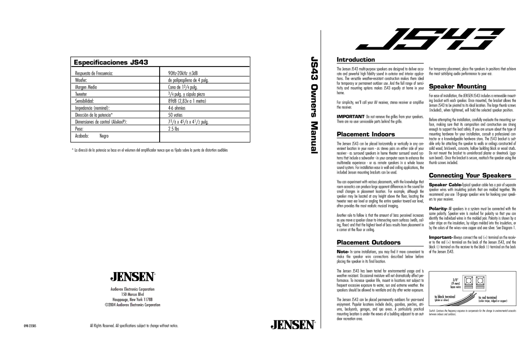 Jensen JS43BK owner manual Especificaciones JS43 